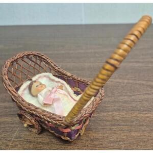 Vintage Wicker Doll Pram with Miniature Baby Doll